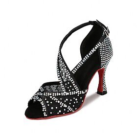 Women's Black Rhinestone Latin Dance Shoes  Peep-Toe High Heel Ballroom Salsa Sandals for Performance  Competition