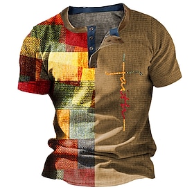 Men's Graphic Color Block Waffle Henley Shirt Short Sleeve 3D Print Fashion Designer Basic Outdoor Daily Summer Light Brown White Blue Brown Henley Henley T-Sh