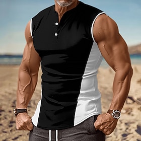 Men's Tank Top Vest Top Undershirt Sleeveless Shirt Sleeveless Henley Collar Summer Color Block Fashion Designer Muscle Buttons Outdoor Gym Going out Black Top