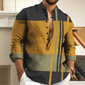 Men's Shirt Linen Shirt Striped Graphic Prints Geometry Stand Collar Yellow Blue Purple Gray Outdoor Street Long Sleeve Print Clothing Apparel Linen Fashion St