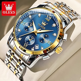 OLEVS Quartz Watch For Men Chronograph Luminous Luxury Wristwatch Large Dial Calendar Day Date Metal Stainless Steel Waterproof Wrist Watch