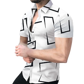 Men's Shirt Dress Shirt Geometric Pattern Outdoor Casual Black White Yellow Red Short Sleeve Cuban Collar Summer Spring Clothing Apparel Print