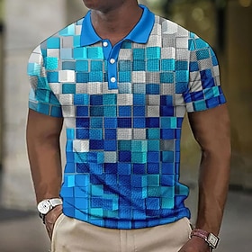 Men's Waffle Polo Shirt Button Up Polos Lapel Polo Polo Shirt Golf Shirt Plaid / Check Graphic Prints Geometry Turndown Blue-Green Yellow Red Blue Green Outdoo