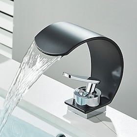 Waterfall Bathroom Faucet Sink Mixer Basin Taps, Arc Spout Single Handle Washroom Faucet Deck Mounted With Cold And Hot Hose Black Chrome W