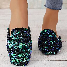Women's Slippers Mules Plus Size Outdoor Slippers Outdoor Beach Summer Sequin Flat Heel Round Toe Elegant Casual PU Buckle Black Green
