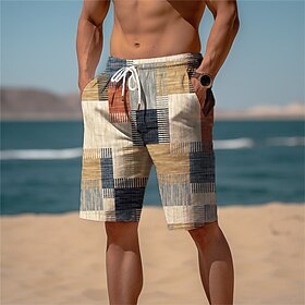 Men's Graphic Plaid Color Block Sweat Shorts Beach Shorts Terry Shorts Mid Waist Casual Athleisure Daily Streetwear Holiday Drawstring Elastic Waist 3D Print D
