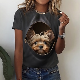 Damen T Shirt Hund Täglich Wochenende Benutzerdefinierter Druck Grau Bedruckt Kurzarm Basic Rundhalsausschnitt Regular Fit