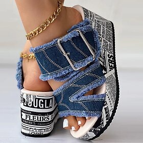 Women's Denim Platform Sandals with Adjustable Buckle Straps and Newspaper Print Wedge Sole, Trendy Chunky Summer Shoes for Streetwear and Festivals