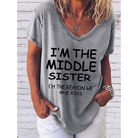 Women's T shirt Tee Letter Black Pink Blue Short Sleeve Home Casual Daily Basic V Neck