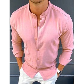 Men's Button Up Shirt Casual Shirt Summer Shirt Black Pink Khaki Beige Long Sleeve Plain Stand Collar Street Vacation Basic Clothing Appare