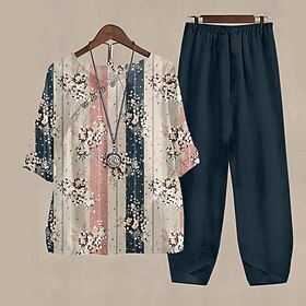 Women's Shirt Pants Sets Floral Pink Blue Green Print Holiday Weekend Daily Basic Round Neck Regular Fit Fall  Winter