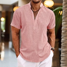 Men's Shirt Linen Shirt Summer Shirt Beach Shirt Henley Shirt Black White Pink Short Sleeve Plain Henley Summer Casual Daily Clothing Apparel