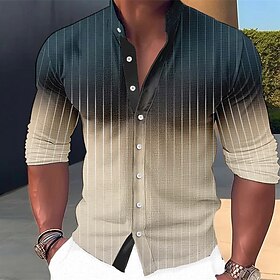Mens Graphic Shirt Linen Shirt Gradient StripedStand Collar Pink Blue Green Khaki Gray Outdoor Street Long Sleeve Clothing Apparel Business Cotton