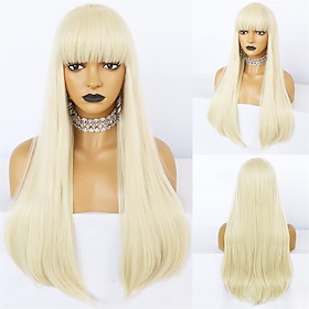 Long Blonde Wig With Bangs Long Straight Wig For Woman Girl Cosplay Heat Resistant Hair Replacement Wig Synthetic Wigs For Daily Use Carnival Party Anime Costu
