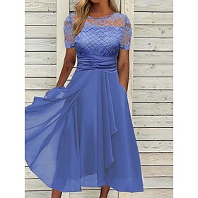 Women's Party Dress Lace Dress Cocktail Dress Midi Dress Blue Short Sleeve Pure Color Lace Summer Spring Fall Crew Neck Party Wedding Guest Vacation Summer Dre