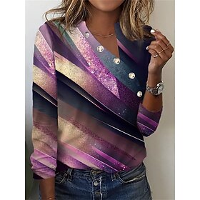 Women's T shirt Tee Geometric Purple Print Long Sleeve Daily Weekend Basic V Neck Regular Fit Fall  Winter