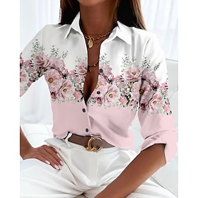 Women's Shirt Blouse Floral Holiday Pink Blue Purple Print Button Long Sleeve Daily Casual Shirt Collar Regular Fit Fall  Winter