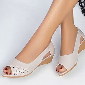 Women's White Peep-Toe Wedge Sandals with Cut-Out Design  Comfortable and Stylish Shoes for Casual Wear, Office, and Summer Outings
