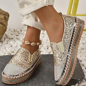 Women's Glitter Slip-On Loafers  Sparkly Rhinestone Embellished Platform Shoes for Casual Wear and Summer Outings