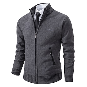 Men's Sweater Cardigan Sweater Ribbed Knit Regular Knitted Stand Collar Warm Ups Modern Contemporary Daily Wear Going out Clothing Apparel Fall  Winter Black L