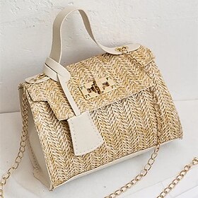 Women's Straw Top Handle Bag  Woven Summer Handbag with Gold Chain Strap  Turn-Lock Closure for Beach, Vacation  Casual Outings