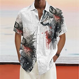 Men's Shirt Linen Shirt Animal Wolf GraphicTurndown White Pink Blue Purple Khaki Outdoor Street Short Sleeves Print Clothing Apparel Linen Shirt Fashion Design