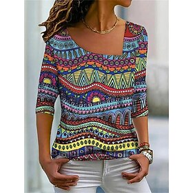 Women's T shirt Tee Geometric Blue Print Long Sleeve Daily Weekend Elegant Fashion Basic V Neck Regular Fit Fall  Winter