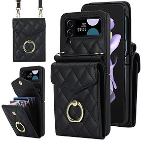 Phone Case For Samsung Galaxy Z Flip 5 Z Flip 4 Z Flip 3 Handbag Purse Wallet Case Anti-theft with Removable Cross Body Strap With Card Holder Solid Color Geom