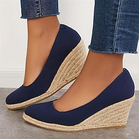 Women's Black Canvas Wedge Heels  Espadrille Platform Shoes with Braided Jute Sole for Summer Casual Outfits, Beach Vacations, and Everyday Wear