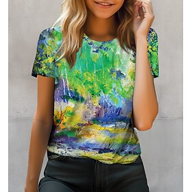 Women's T shirt Tee Floral Grass Green White Yellow Print Short Sleeve Holiday Weekend Basic Round Neck Regular Fit