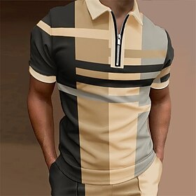 Men's Polo Shirt Golf Shirt Casual Holiday Lapel Quarter Zip Short Sleeve Fashion Basic Plaid Quarter Zip Summer Regular Fit Red Blue Purple Brown Green Gray P