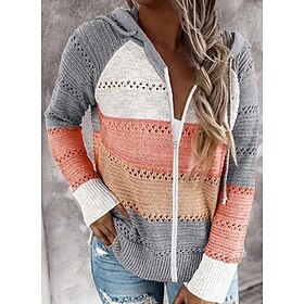 Women's Cardigan Sweater Hooded Ribbed Knit Acrylic Patchwork Zipper Hooded Spring Fall Outdoor Daily Going out Stylish Casual Soft Long Sleeve Color Block Bla