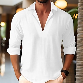 Men's Shirt Popover Shirt Summer Shirt Beach Shirt Black White Green Long Sleeve Plain Camp Collar Spring  Summer Casual Daily Clothing App