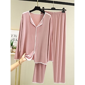 Women's Pajamas Pajama Top and Pant Sets 2 Pieces Pure Color Fashion Casual Soft Home Daily Bed Modal Breathable Lapel Long Sleeve Pant Summer Spring Home Outf