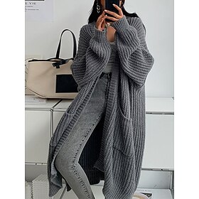 Women's Cardigan Sweater V Neck Ribbed Knit Acrylic Pocket Fall Winter Long Outdoor Daily Going Out Stylish Casual Soft Long Sleeve Solid C