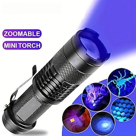 Zoombare UV-Taschenlampe mit Clip – wasserdichte Taschenlampe in Rot, Blau, Grün und Violett mit Schwarzlicht für Leuchtstofflampenerkennung und Camping