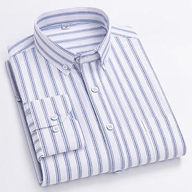Men's Dress Shirt Striped Shirt Button Down Shirt Non Iron Shirt Oxford Shirt Plaid / Striped / Chevron / Round Wedding Office Career Light Blue White Dark Na
