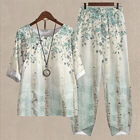 Women's Shirt Pants Sets Floral Black Light Green Pink Print Holiday Weekend Daily Basic Round Neck Regular Fit Fall  Winter