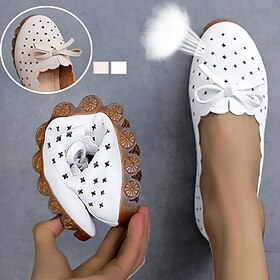 Women's White Foldable Loafers - Breathable Perforated Flats with Bow Detail, Soft Sole, Casual Comfort Shoes for Work, Travel, and Daily Wear