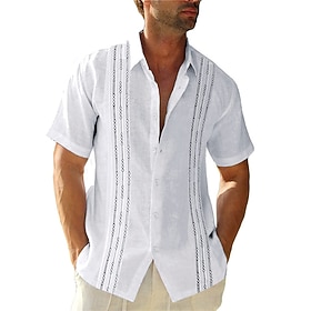 Men's Shirt Guayabera Shirt Linen Shirt Button Up Shirt Summer Shirt Beach Shirt White Navy Blue Blue Short Sleeve Patchwork Turndown Summer Casual Daily Cloth