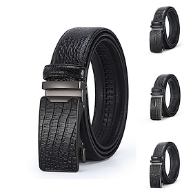 Men's Leather Belt Tactical Belt Automatic Buckle Cowhide Plain Black 1# Black 2# Daily Wear Going out Weekend