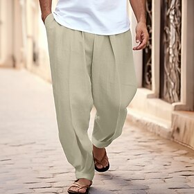 Men's Linen Pants Trousers Summer Pants Tapered Carrot Pants Beach Pants Front Pocket Pleats Plain Comfort Breathable Casual Daily Holiday Linen / Cotton Blend