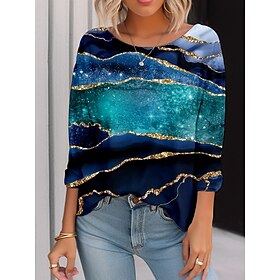 Women's T shirt Tee Graphic Abstract Pink Red Navy Blue Print Long Sleeve Daily Weekend Daily Basic Neon Bright Round Neck Regular Fit Fall Winter