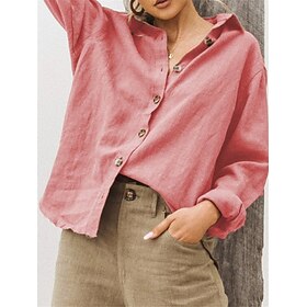 Women's Shirt Blouse Linen Floral Plain Black White Pink Button Long Sleeve Casual Daily Basic Shirt Collar Regular Fit Fall  Winter