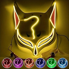 Halloween LED Light Up Fox Mask, Japanese Kitsune Glowing Masquerade Mask with Tassels, Adjustable EL Wire Cosplay Prop for Anime Party, Carnival, Halloween  H