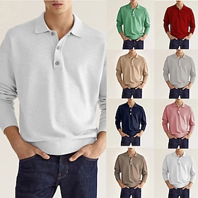 Men's Golf Shirt Knit Polo Street Casual Polo Collar Classic Long Sleeve Fashion Casual Solid Color Plain Button Front Simple Spring Fall Regular Fit Black W