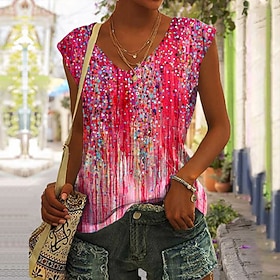 Tanktop für Damen, Basic-Print, ärmellos, normale Oberteile, V-Ausschnitt, lässig, rosa, blau, lila, orange, grün