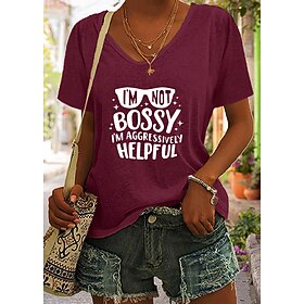 Women's T shirt Tee BurgundyTee Graphic Letter Black White Pink Print Short Sleeve Casual Daily Basic V Neck Regular Fit