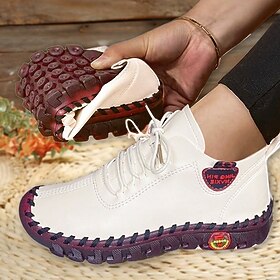 Women's Boots Plus Size Handmade Shoes Comfort Shoes Daily Solid Color Winter Flat Heel Round Toe Vintage Casual Minimalism Faux Leather Lace-up red hand stitc