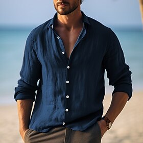 Men's Shirt Linen Shirt Button Up Shirt Summer Shirt Beach Shirt Yellow Navy Blue Purple Long Sleeve Plain Turndown Spring  Summer Casual Daily Clothing Appare